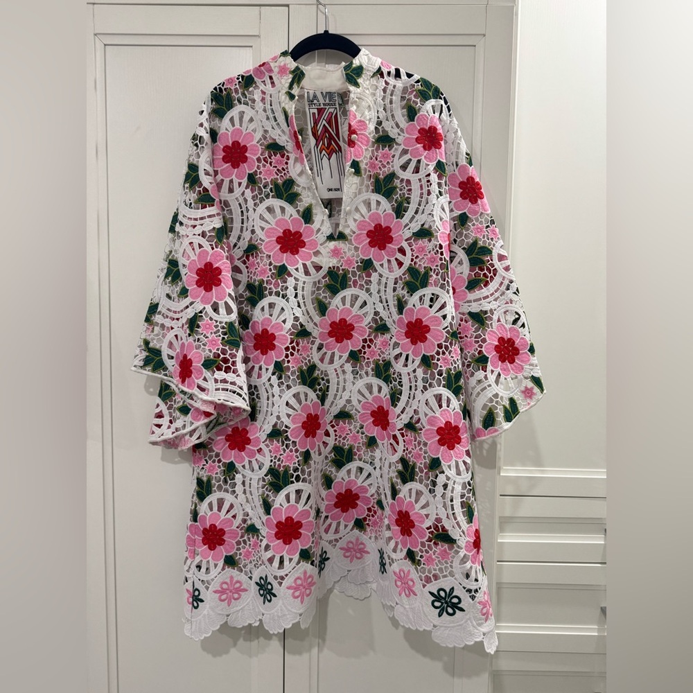 La Vie En Rose Floral Lace Mini Dress - White with Pink & Green